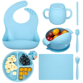 Sangdo Silicone Baby Feeding Set 7-Piece Baby Led Weaning Utensils Set Includes Suction Bowl and Plate, Baby Spoon and Fork, Bib, Sippy Cup with Straw